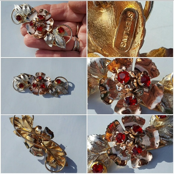 Vintage Sterling Floral Brooch w/Crimson Crystals - Picture 5 of 6